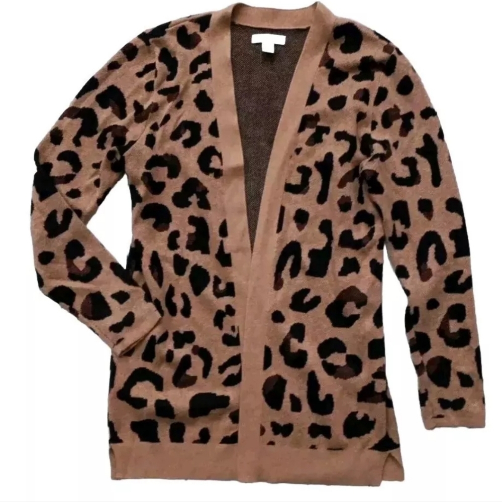 Croft Barrow Cardigan Womens XS Leopard Large Animal Print Open Sweater Metallic